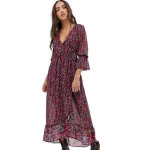 NWT Band Of Gypsies S Boho Floral Bell Sleeve Midi Dress Whimsigoth Fairy Wine